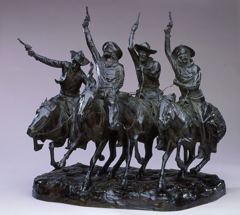 Coming Through The Rye… the Frederic Remington cowboy sculpture parodied in Slim and Miss Prim.  